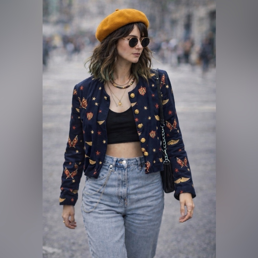 MONDI Cropped Blazer Sz 34 Small Navy Blue Pilot Indie Hipster 80s 90s VTG